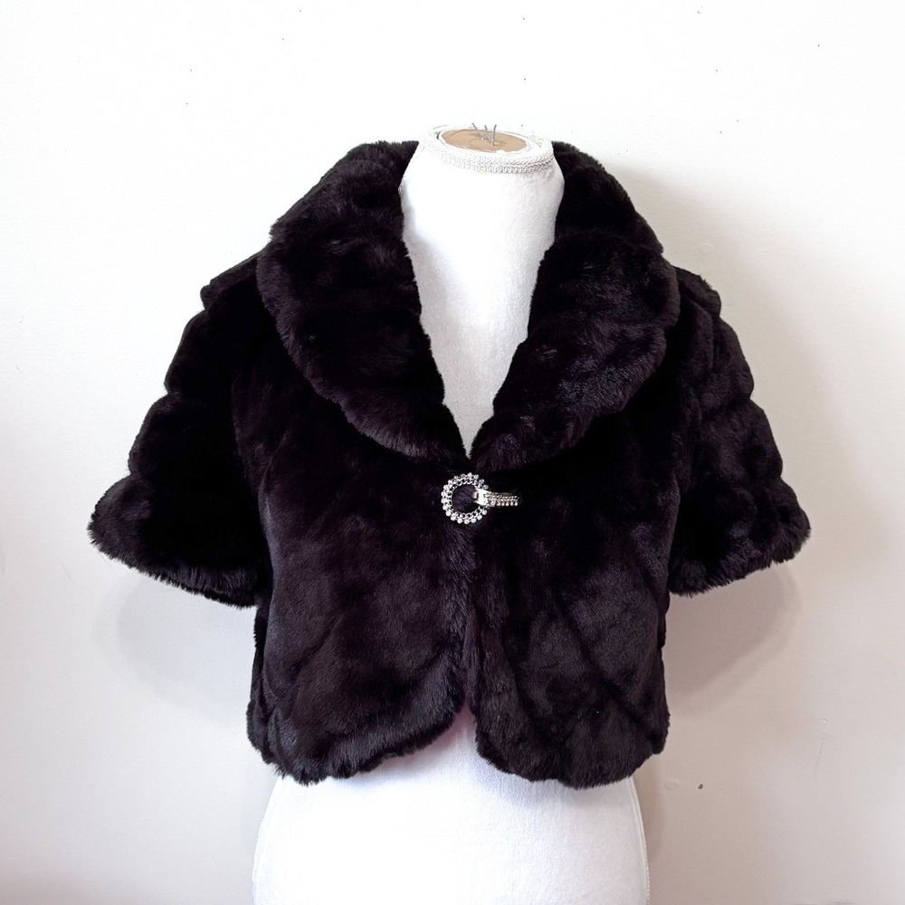 Adore Womens Glam Faux Fur Cropped Jacket Medium Black Rhinestone Bolero Shrug